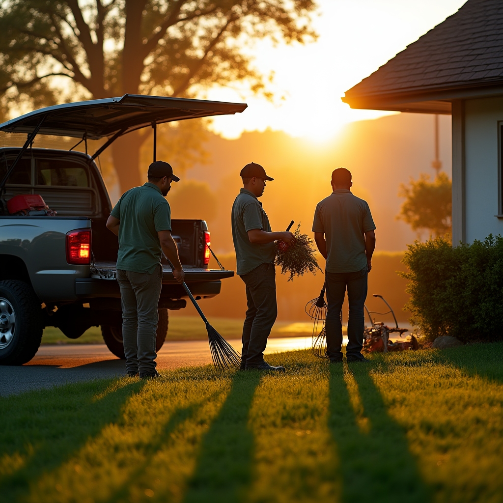 Landscaping crew members loading equipment onto a truck at sunrise