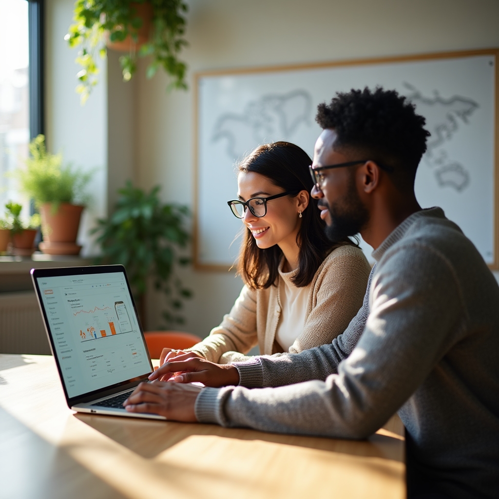 Two consultants reviewing a Google Business Profile dashboard on a laptop screen