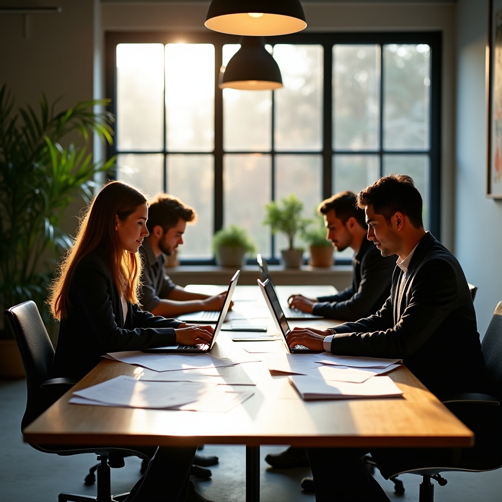 Team members cross-checking business directory listings on multiple screens